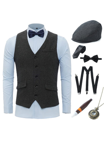 Chal negro solapa para hombre con conjunto de accesorios de 6 piezas